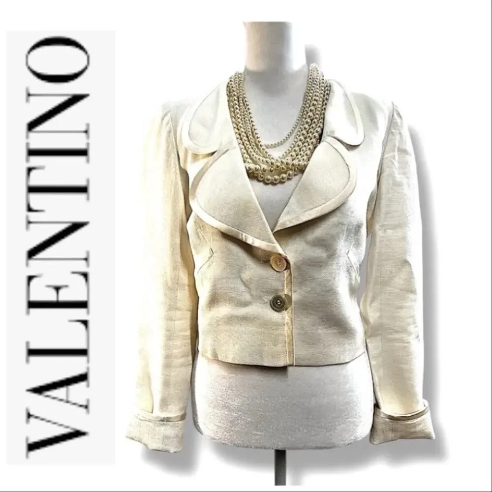 VALENTINO Vintage Ivory Linen Crop Blazer with silk trim SZ 4